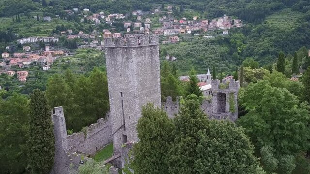 Aerial drone footage view of Castle di Vezio in Varenna Italy, lake of Lecco // no video editing
