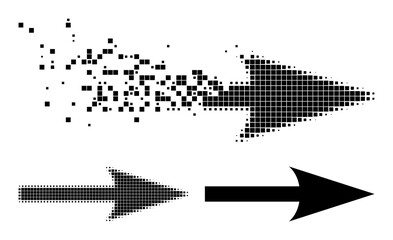 Dissipated pixelated sharp arrow right icon with wind effect, and halftone vector pictogram. Pixelated dispersing effect for sharp arrow right gives speed and movement of cyberspace items.