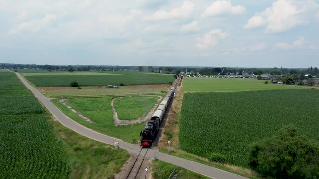 Dutch steam locomotive with wagons driving through Veluwe landscape