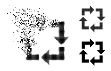 Broken pixelated recycle glyph with destruction effect, and halftone vector symbol. Pixelated dissipation effect for recycle gives speed and motion of cyberspace matter.