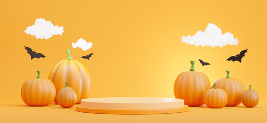 podium with halloween concept,pumpkin,bat,cloud for product display