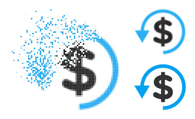 Burst dot chargeback pictogram with wind effect, and halftone vector image. Pixel burst effect for chargeback shows speed and movement of cyberspace concepts.