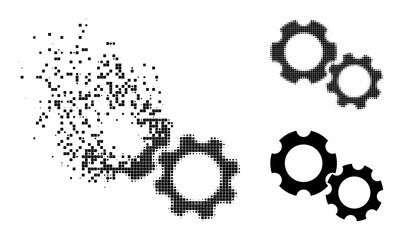 Disappearing pixelated gears icon with wind effect, and halftone vector icon. Pixelated dissolution effect for gears shows speed and motion of cyberspace things.