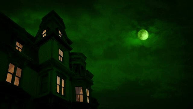 Haunted House Halloween Scene With Green Moon