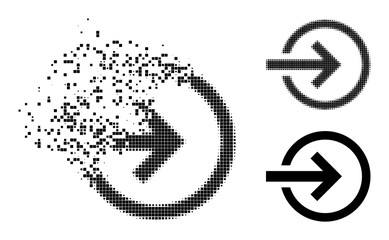 Obraz premium Destructed pixelated import pictogram with destruction effect, and halftone vector pictogram. Pixelated defragmentation effect for import gives speed and motion of cyberspace concepts.