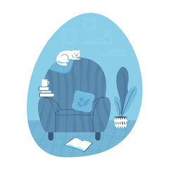 Set of living room furniture with armchair, floor lamp and potted plant.