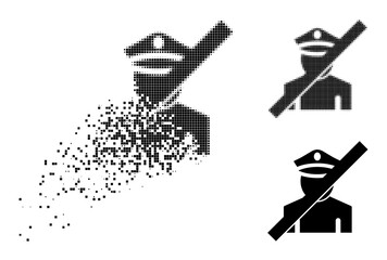 Dispersed dotted frorbidden police icon with destruction effect, and halftone vector icon. Pixelated degradation effect for frorbidden police gives speed and motion of cyberspace abstractions.