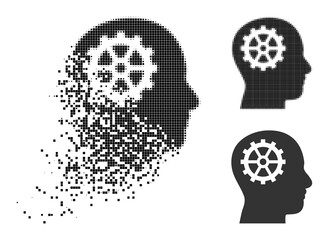 Dissolving pixelated intellect icon with wind effect, and halftone vector icon. Pixel fragmentation effect for intellect reproduces speed and motion of cyberspace items.