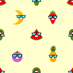 Fruits with glasses pattern seamless. Fruit cool background. Watermelon and banana. Mangosteen and strawberries. Pineapple and Avocado