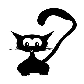 Cartoon black cat drawing. Simple and cute kitten silhouette. Sticker on a car or a refrigerator