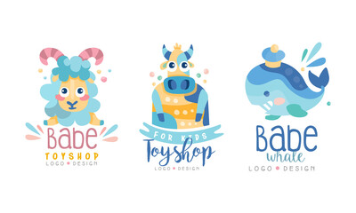 Sheep, Whale, Toy Shop, Creative Logo Design Set, Kids Shop Brand Identity Badges Cartoon Vector Illustration