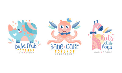 Baby Club, Toy Shop Creative Logo Design Set, Babe Care Identity Badges Cartoon Vector Illustration