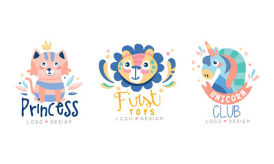 First Toys Creative Logo Design Set, Kids Club Brand Identity Badges Cartoon Vector Illustration