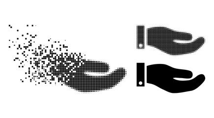 Disappearing pixelated hand icon with wind effect, and halftone vector composition. Pixel transformation effect for hand shows speed and motion of cyberspace items.