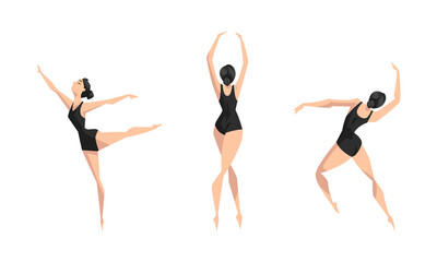 Girl Ballet Dancer Dancing in Black Leotard Set, Young Woman Performing Art Gymnastics Exercises Cartoon Vector Illustration