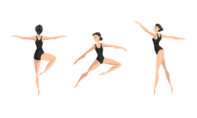 Girl Ballet Dancer Performing in Black Leotard Set, Beautiful Young Woman Ballet Dancer or Gymnast Character Cartoon Vector Illustration