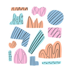 Vector set of different abstract paper shapes. Trendy hand drawn design elements isolated on white background.