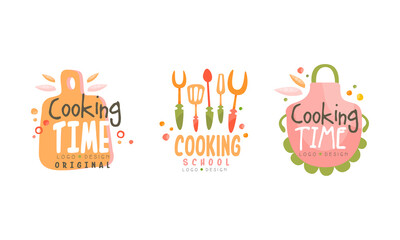Cooking Time Logo Design Set, Culinary School Hand Drawn Labels Vector Illustration