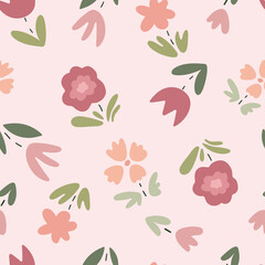 Cute childish seamless pattern with flowers and leaves. Creative children texture for fabric, wrapping, textile, wallpaper. Vector background with hand drawn flowers in simple scandinavian style.