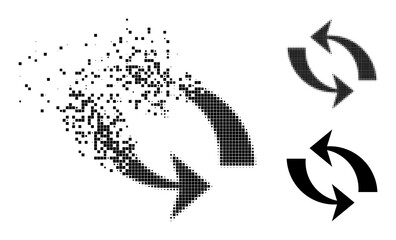 Decomposed pixelated refresh icon with destruction effect, and halftone vector icon. Pixelated dissolving effect for refresh demonstrates speed and movement of cyberspace concepts.
