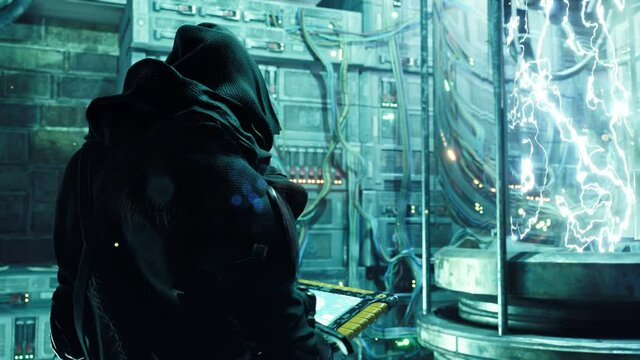 Cyber Monk customizes an energy portal using a computer tablet. Animation for futuristic, fiction, cyber and sci-fi backgrounds. A view of a cybernetic monk in his laboratory of the future.