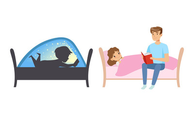Kids Imagination Concept, Cute Boy Reading Book at Night, Dad Reading Bedtime Story for his Daughter Cartoon Style Vector Illustration