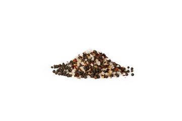 Closeup of a pile of mixed salt and dried pepper spices isolated on a white background