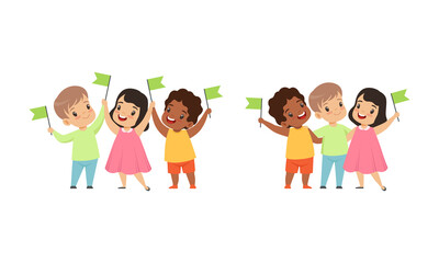 Happy Multicultural Kids Standing Together with Green Flags, Friendship, Unity, Earth Planet Protection Cartoon Vector Illustration