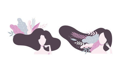 Beautiful Brunette Women with Flowers in her Long Hair Set Vector Illustration