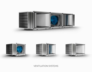 Obraz na płótnie Canvas 3D visualization of ventilation systems, air ducts and blocks with equipment for cooling and air purification.
