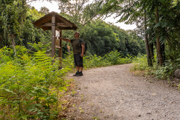 Fototapeta premium Caucasian hiker man searching for information on an information board in the forest.