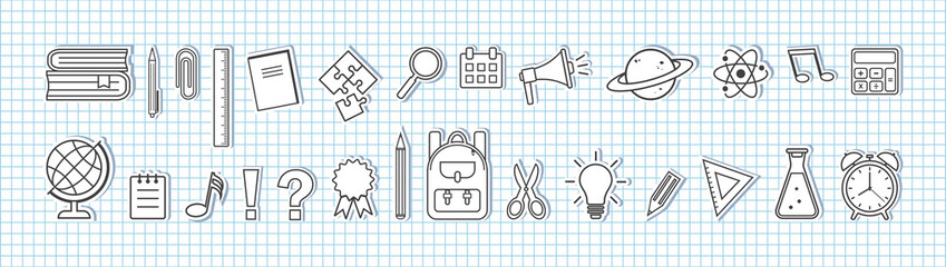School supplies vector icon paper stickers on checkered notebook background. Education illustration