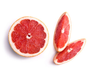 Fototapeta na wymiar Juicy grapefruit slices isolated on white background, top view. Fresh fruits.
