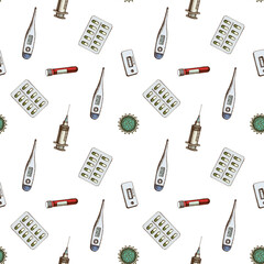 Seamless pattern with hand drawn colored vial of blood, pills and medicines, medical thermometer, coronavirus rapid test, coronavirus bacteria cell, syringe