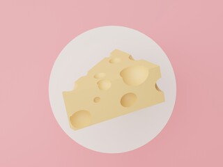 3d render piece of Cheese for making food. Cheese slice on white circle and pastel pink background. Healthy food idea concept.
