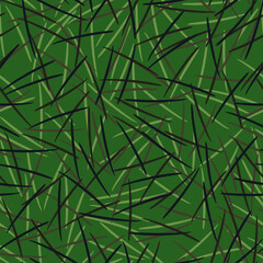 Endless pattern of needles on a green background. Camouflage print. Protective clothing. Forest pattern.