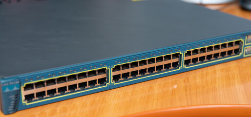 Computer network equipment. Network hubs. Ethernet Gigabit desktop switch with ports.