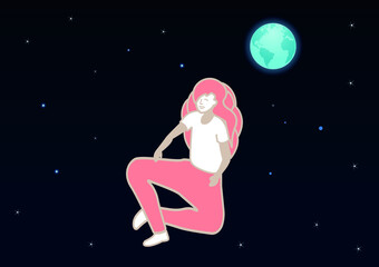 A young girl is engaged in yoga and meditation. A universe with a planet and stars around the girl. The concept of a free mind. Vector illustration of meditation, self-care or mindfulness.