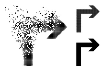 Disintegrating pixelated turn right pictogram with wind effect, and halftone vector symbol. Pixelated transformation effect for turn right reproduces speed and motion of cyberspace items.
