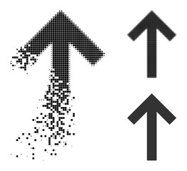 Decomposed pixelated up arrow pictogram with wind effect, and halftone vector icon. Pixelated dissipating effect for up arrow reproduces speed and motion of cyberspace items.