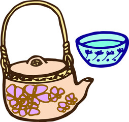 Vector hand drawn colored doodles tea set, ceramic teapot, tea objects