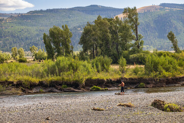 Man fly-fishing, Lamar Valley, Yellowstone National Park, Wyoming, USA