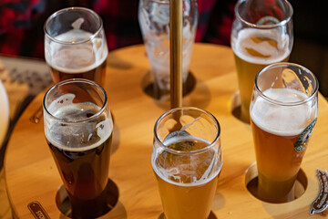 Set of craft beer in glasses.Various types of draught beer including stout, lager, ale, pilsner and weiss. Alcohol drinks in pub