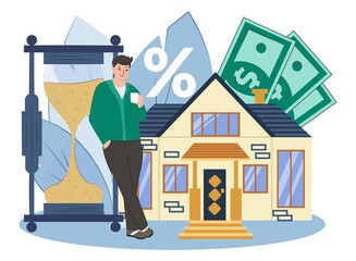 Mortgage vector flat illustration. Buying real estate on credit at interest from a bank. Property money investment contract. 