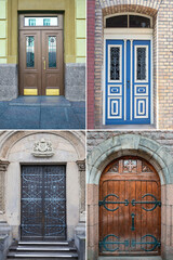 Fototapeta na wymiar four wooden doors with a beautiful decorative metal finish in the historical part of different cities of the world