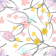 Pink Flowers Blooming Pattern. Pastel Watercolor.