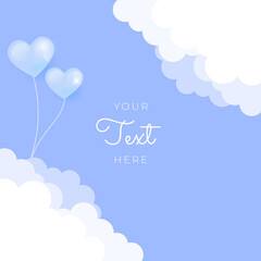 Happy birthday template in shape of heart flying on calm blue background. Vector symbols of love for Happy Women's, Mother's, Valentine's Day, birthday greeting card design. Social media post template