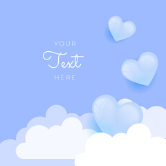 Happy birthday template in shape of heart flying on calm blue background. Vector symbols of love for Happy Women's, Mother's, Valentine's Day, birthday greeting card design. Social media post template