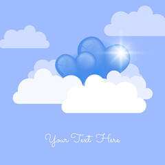 Happy birthday template in shape of heart flying on calm blue background. Vector symbols of love for Happy Women's, Mother's, Valentine's Day, birthday greeting card design. Social media post template