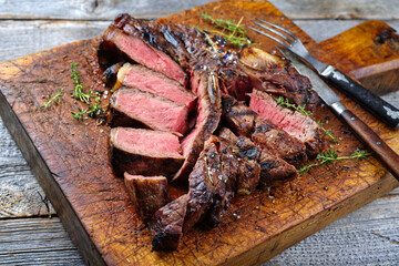 Rustic traditional barbecue dry aged wagyu porterhouse beef steak bistecca alla Fiorentina sliced and served as close-up on a wooden board - obrazy, fototapety, plakaty